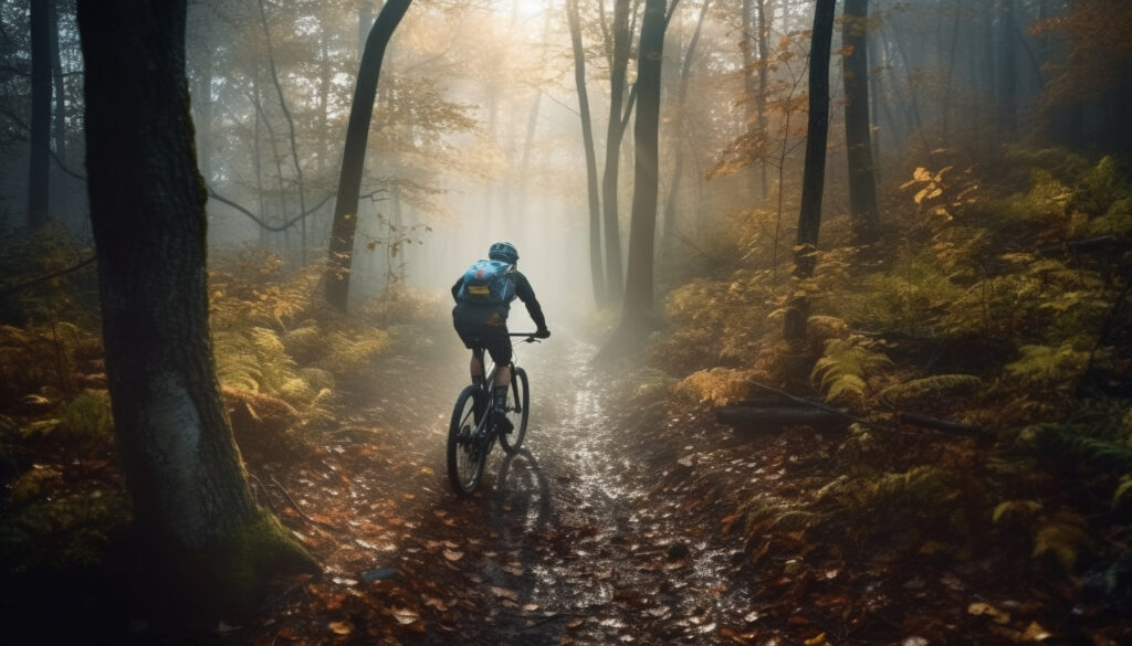 Cycling through foggy forest, athlete healthy pursuit generated by artificial intelligence